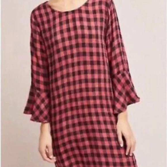 Cloth & Stone Buffalo Plaid Long Bell Sleeve Shift Dress Size Medium - Picture 3 of 10